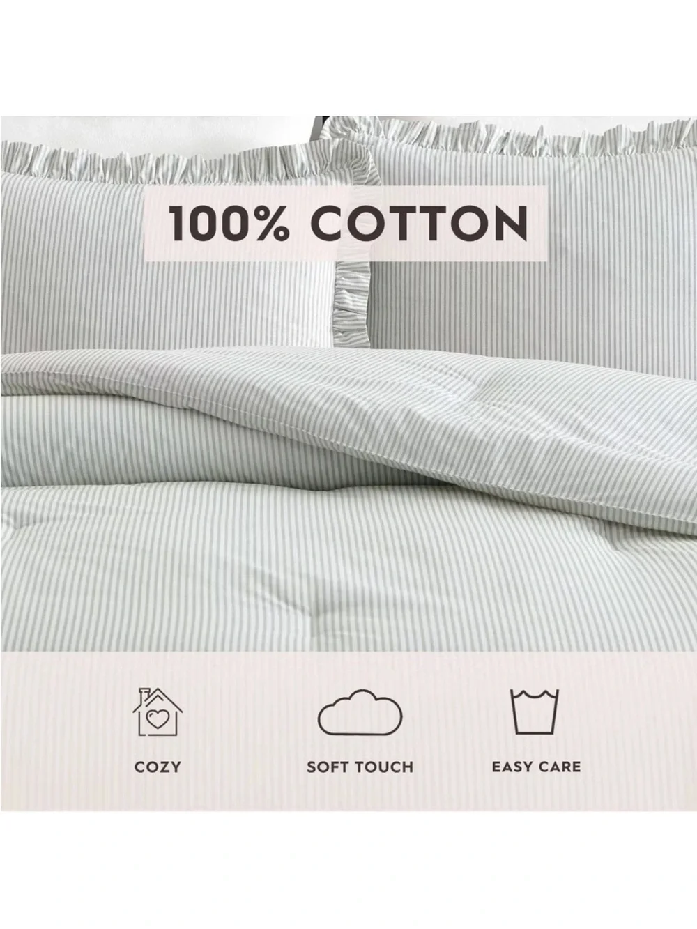 Laura Ashley Oxford Stripe Green Twin Comforter Set 100% Cotton NWT